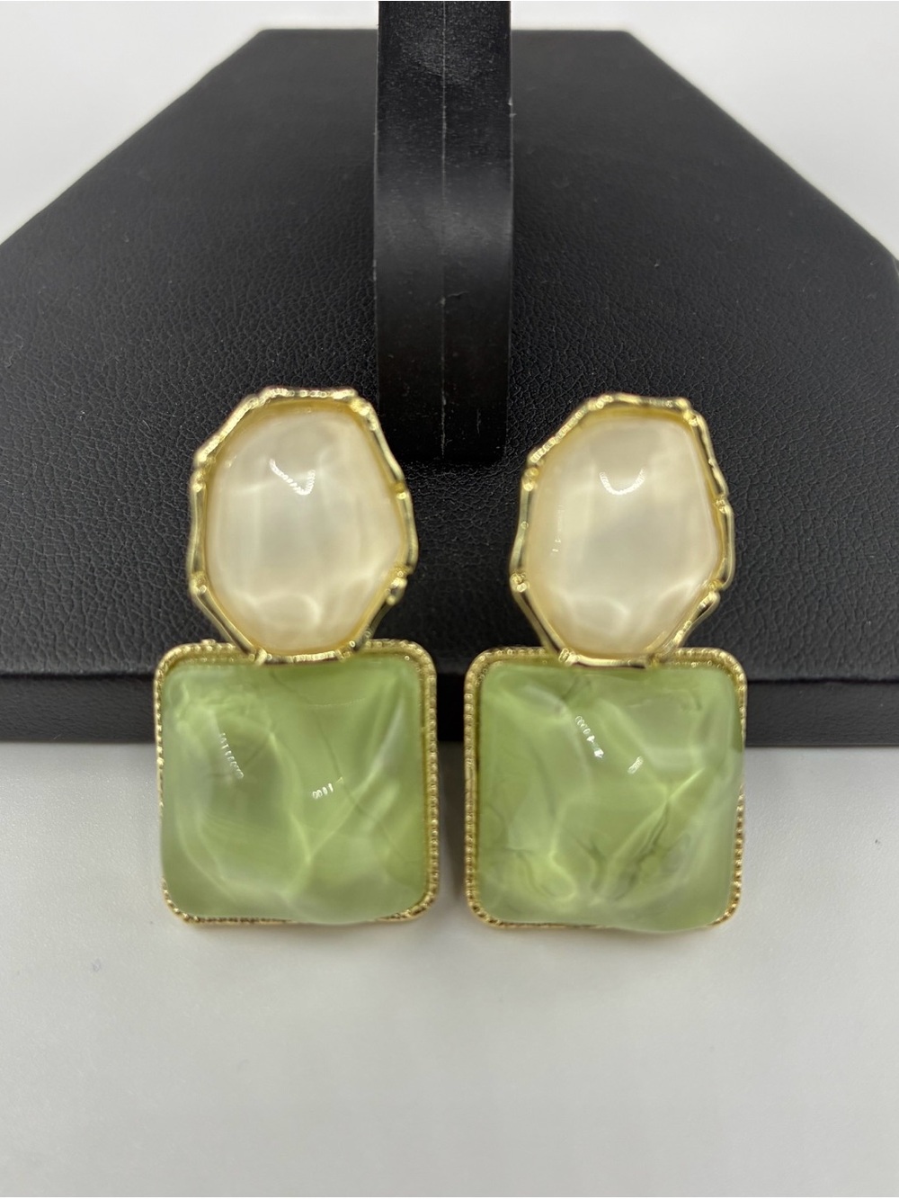 Gold-Tone Green and Cream Drop Earrings